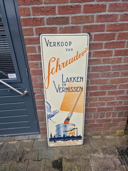 Schrueders verf lakken emaille reclamebord Langcat, Verzamelen, Merken en Reclamevoorwerpen, Zo goed als nieuw, Reclamebord, Ophalen of Verzenden