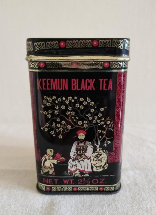 Vintage theeblik 40 jr oud/zwart-rood-goud/Keemun black tea., Verzamelen, Blikken, Zo goed als nieuw, Ophalen of Verzenden