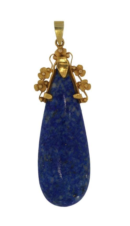 Grote klassieke Lapis Lazuli ketting hanger gouden montuur, Sieraden, Tassen en Uiterlijk, Kettinghangers, Zo goed als nieuw, Goud