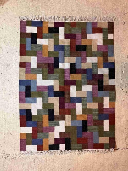 Kelim kleed geweven wol in kleurrijk mozaïek patroon 200/145, Huis en Inrichting, Stoffering | Tapijten en Kleden, Zo goed als nieuw