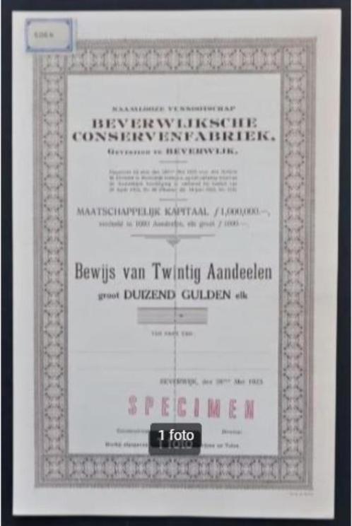 Beverwijksche Conservenfabriek - Beverwijk - 1923, Postzegels en Munten, Aandelen en Waardepapieren, Aandeel, 1920 tot 1950, Verzenden