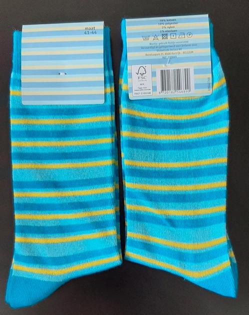 🎁2 paar sokken blauw/geel gestreept FSC keurmerk.M41-44.Nw., Kleding | Heren, Sokken en Kousen, Nieuw, Blauw, Ophalen of Verzenden