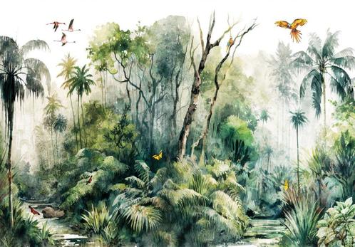 Aquarel Jungle behang Regenwoud, vogels, Muurdeco4kids, Huis en Inrichting, Stoffering | Behang, Verzenden