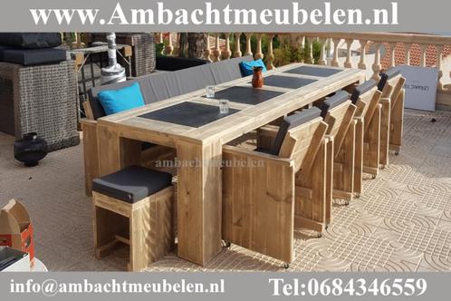 Luxe steigerhout tuinset Tuintafel met NATUURSTEEN + stoelen, Tuin en Terras, Tuinsets en Loungesets, Nieuw, Tuinset, Steigerhout