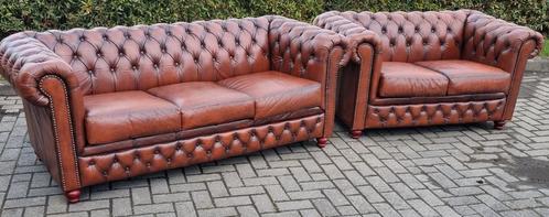 Chesterfield 3+2 bankstel bruin leer + BEZORGING GRATIS, Huis en Inrichting, Banken | Bankstellen, Gebruikt, Rechte bank, Leer