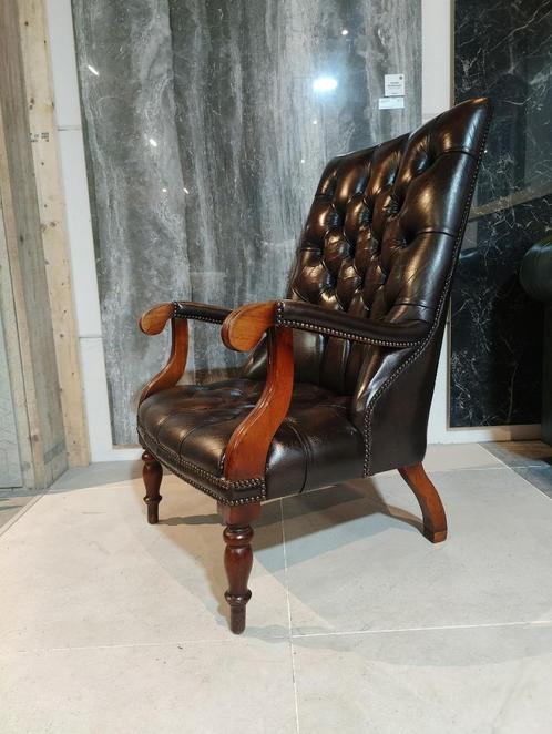 Engelse Fauteuil Chesterfield Library Chair, Huis en Inrichting, Fauteuils, Gebruikt, Hout, Leer, Ophalen of Verzenden