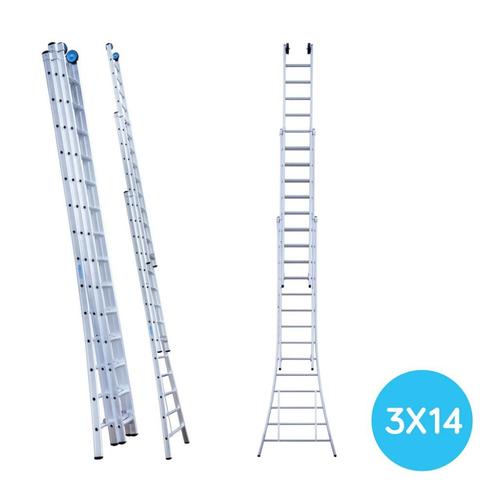 Driedelige Opsteek ladder 3x14 + gevelrollen, Doe-het-zelf en Verbouw, Ladders en Trappen, Nieuw, Ladder, 4 meter of meer, Ophalen of Verzenden
