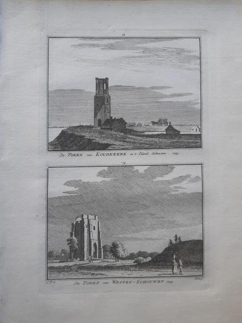 73-74*/ Toren Koudekerk en Westen Schouwen Zeeland gravure, Antiek en Kunst, Kunst | Etsen en Gravures, Ophalen of Verzenden