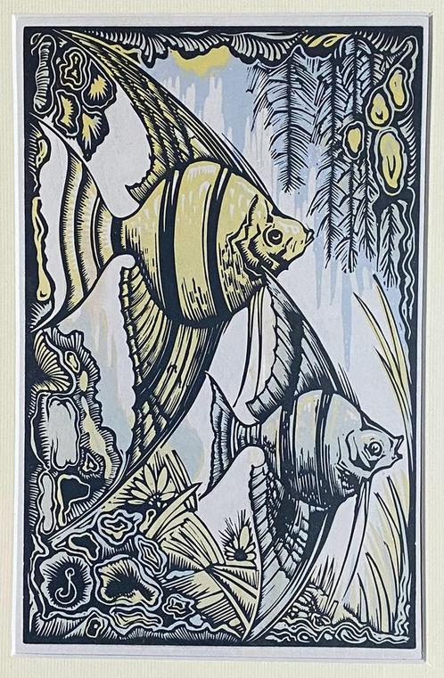 Jan Schonk art deco houtsnede van maanvissen vissen, Antiek en Kunst, Kunst | Litho's en Zeefdrukken, Ophalen of Verzenden