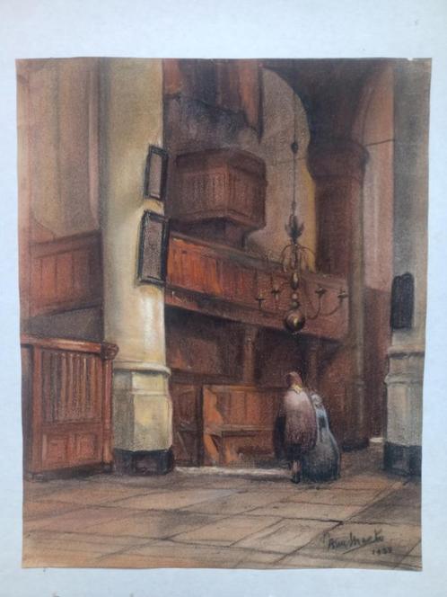 Kerkinterieur pastel stijl Johannes Bosboom gesigneerd 1932, Antiek en Kunst, Kunst | Schilderijen | Klassiek, Ophalen of Verzenden