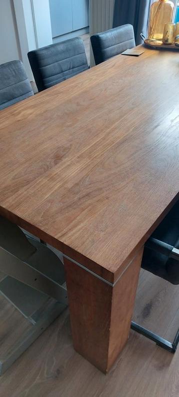 teak houten tafel heel zwaar 220 100 rvs randje blokpoten
