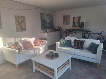 2x 2-zits banken + tafel - Hout met witte kussens