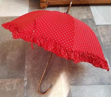 Engelse vintage katoenen rode parasol met roezels, ERDO