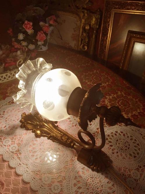 Brocante wandlamp antiek barok koper, olielamp kap glas, Huis en Inrichting, Lampen | Wandlampen, Glas, Metaal, Overige materialen
