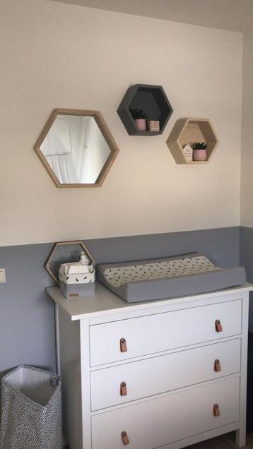 Wanddecoratie hexagon set van 3. Grijs/hout. 