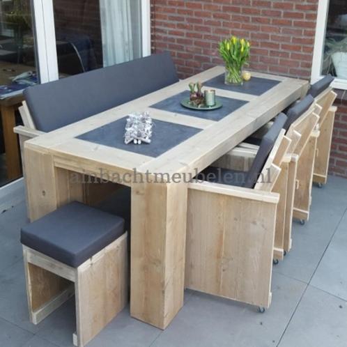 steigerhout tuinset Met NATUURSTEEN Stoelen  + Bank, Tuin en Terras, Tuinsets en Loungesets, Nieuw, Tuinset, Steigerhout, 8 zitplaatsen