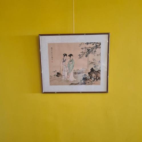 Chinese Aquarel op Zijde van 2 Geisha's circa 1950, Antiek en Kunst, Kunst | Niet-Westerse kunst, Ophalen of Verzenden