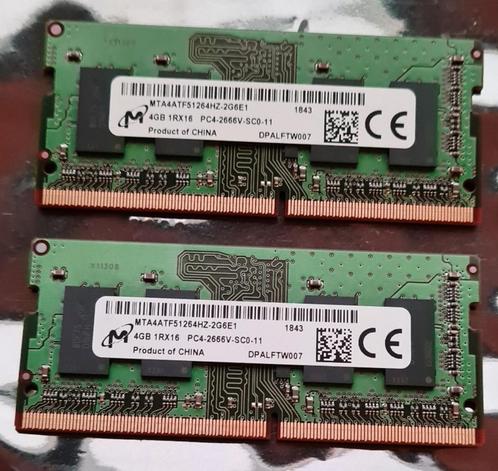2x4GB DDR4 SO-DIMM, Micron MTA4ATF51264HZ-2G6E1 (PC4-2666V), Computers en Software, RAM geheugen, Zo goed als nieuw, Laptop, 4 GB