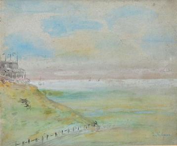 +Jan Verhoeven(1870)Aquarel "Gezicht op de Zee en boot " Ges