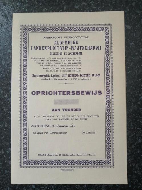 Algemeene landexploitatie maatschappij, Postzegels en Munten, Aandelen en Waardepapieren, Aandeel, Voor 1920, Ophalen of Verzenden