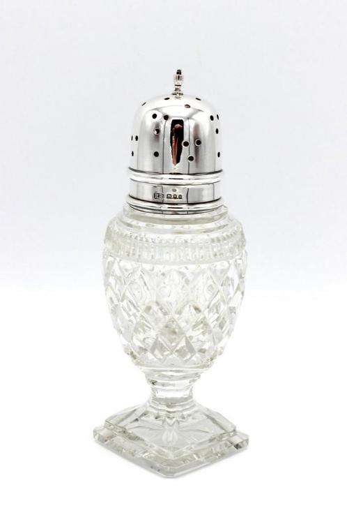 Engels kristallen strooibus met zilveren dop, Londen 1935., Antiek en Kunst, Antiek | Goud en Zilver, Zilver, Ophalen of Verzenden