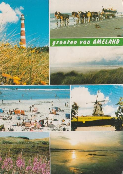 AMELAND Vuurtoren Strand Reddingsboot Molen Groeten, Verzamelen, Ansichtkaarten | Nederland, Gelopen, Waddeneilanden, 1980 tot heden