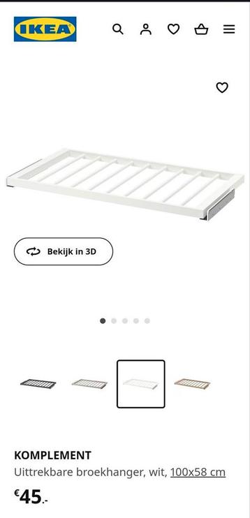 Ikea pax KOMPLEMENT Uittrekbare broekhanger, wit, 100x58 cm