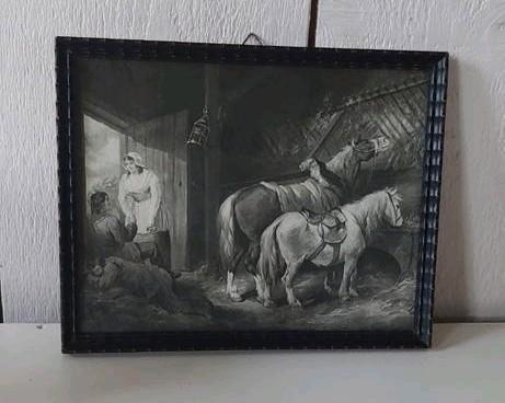 Vintage lijstje met vintage afbeelding paarden mensen stal, Antiek en Kunst, Kunst | Tekeningen en Foto's, Ophalen of Verzenden