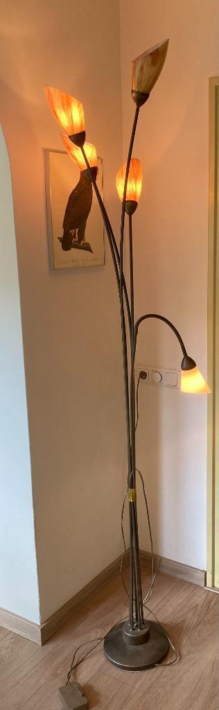 Art deco vloerlamp bronskleurig met 5 bogen en vloerdimmer