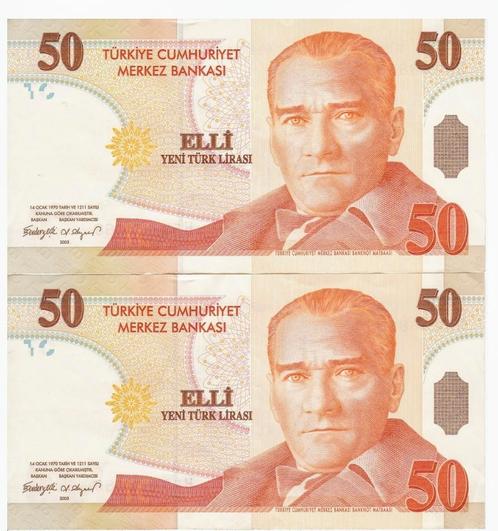 Turkije, 50 Lira, 2005, XF, 2 opeenvolgende nrs, Postzegels en Munten, Bankbiljetten | Azië, Setje, Midden-Oosten, Ophalen of Verzenden