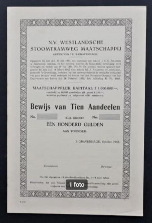 Westlandsche Stoomtramweg Maatschappij - 1942, Postzegels en Munten, Aandelen en Waardepapieren, Aandeel, 1920 tot 1950, Verzenden