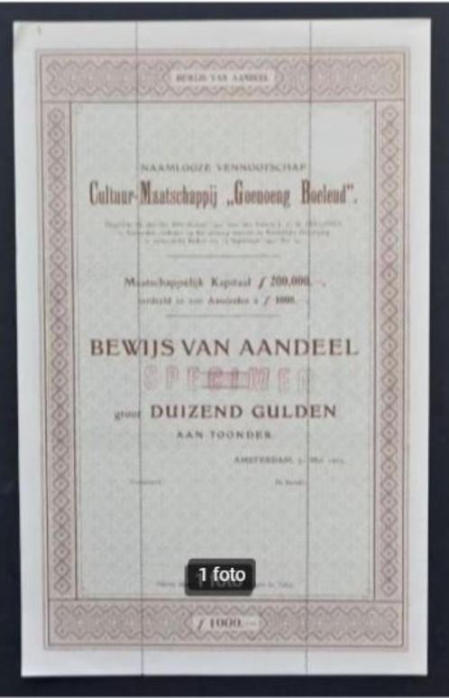 Cultuur Maatschappij Goenoeng Boeleud (Thee/Ned.Indie) 1905, Postzegels en Munten, Aandelen en Waardepapieren, Aandeel, Voor 1920