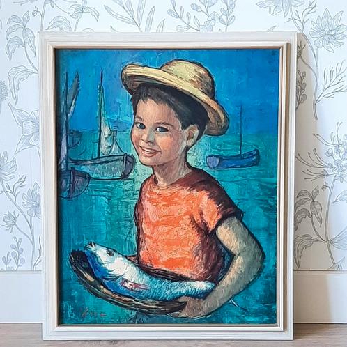 Vintage schilderij, eerste visvangst, jongen, F.P. Nicol, Huis en Inrichting, Woonaccessoires | Schilderijen, Tekeningen en Foto's
