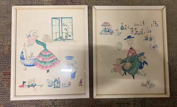 2 vintage brocante victorian Josette Boland prints