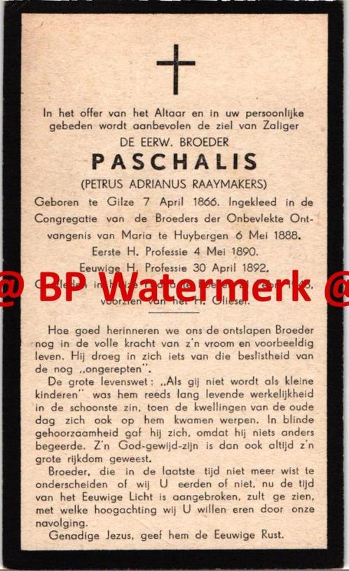 Raaymakers Petrus 1866 Gilze 1948 Boekel br Paschalis Huyber, Verzamelen, Bidprentjes en Rouwkaarten, Bidprentje, Ophalen of Verzenden