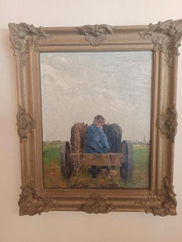 Prachtig schilderij met boer, paarden en kar