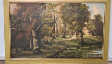 Zoldervondst: Schilderij van bospad. 125 x 82 x 50 cm