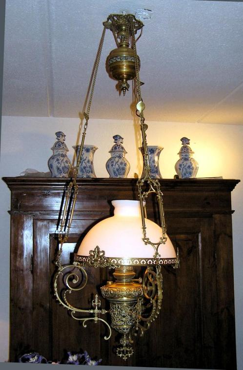 Sfeervolle antieke messing hanglamp, Antiek en Kunst, Curiosa en Brocante, Ophalen