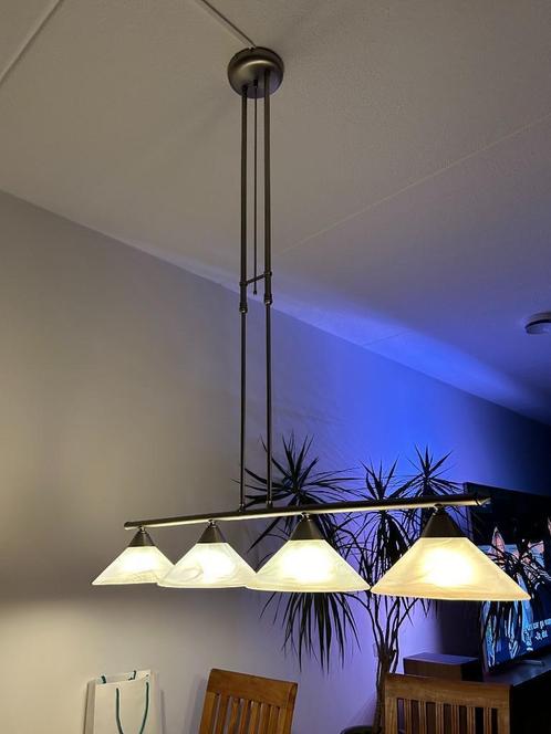 Mooie dimbare RVS mat hanglamp., Huis en Inrichting, Lampen | Hanglampen, Zo goed als nieuw, 75 cm of meer, Glas, Metaal, Ophalen of Verzenden