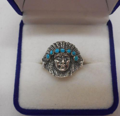 Zilveren vintage ring indiaan met turqoise maat 19 nr.505, Sieraden, Tassen en Uiterlijk, Ringen, Zo goed als nieuw, Dame of Heer