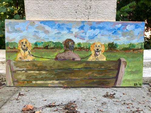 Golden retrievers met hun baasje, Antiek en Kunst, Kunst | Schilderijen | Modern, Ophalen of Verzenden