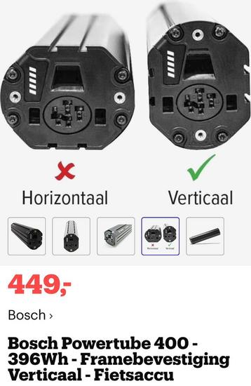 Bosch Powertube Accu 500w NIEUW €349,- 400w €299,- Vertikaal