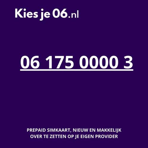 Mooi 06 nummer - Eigen telefoonnummer kiezen - 06 175 0000 3, Telecommunicatie, Prepaidkaarten en Simkaarten, Nieuw, Prepaidkaart