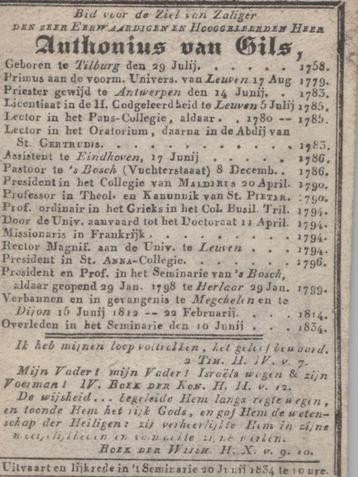 Bidprentje van Gils 1758-1834 GESCHIEDENIS Tilburg Antwerpen