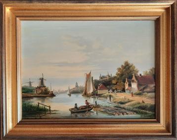 Schilderij K. Posthuma 1991 landschap met rivier en bootjes