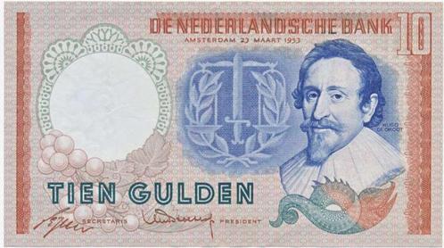 Nederland 10 gulden 1953 Hugo de Groot met verticaal merk, Postzegels en Munten, Bankbiljetten | Nederland, Los biljet, 10 gulden