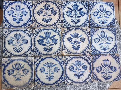 Antieke blauwe 3-tulp tegels, Antiek en Kunst, Antiek | Wandborden en Tegels, Ophalen of Verzenden