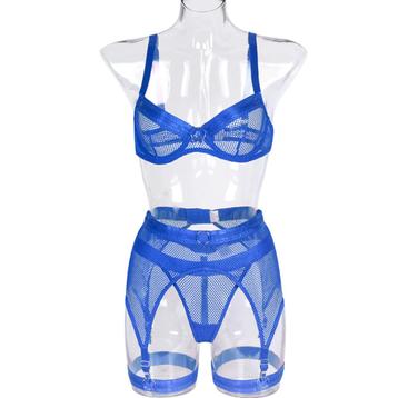 Blauw doorzichtig mesh lingerie setje string bh jarretels 
