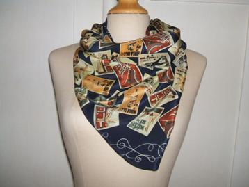 Blauwe zijden shawl Holiday on Ice vintage prints- Vierkant 