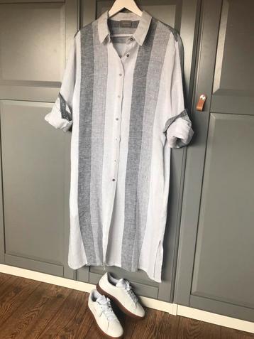 Uno Due linnen overhemd style jurk grijs/wit lijnenspel 40